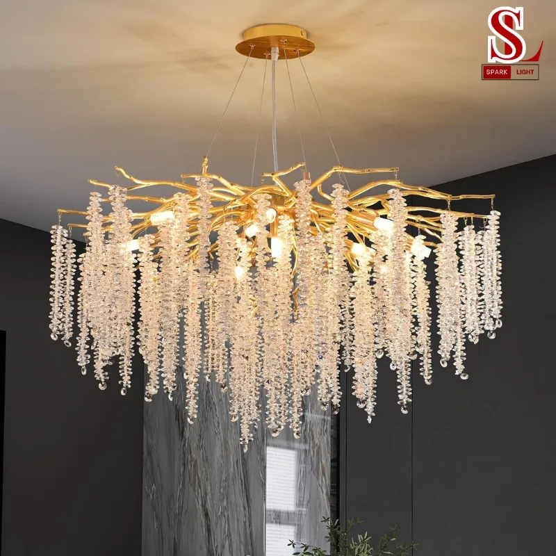 Đèn chùm cành cây pha lê mạ vàng SL9011 đèn chùm thả pha lê sl9012