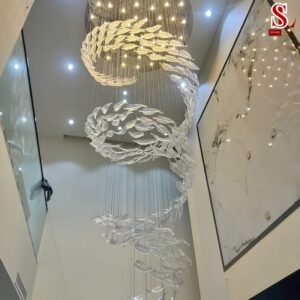 Đèn cầu thang thông tầng pha lê hình lá fl1008